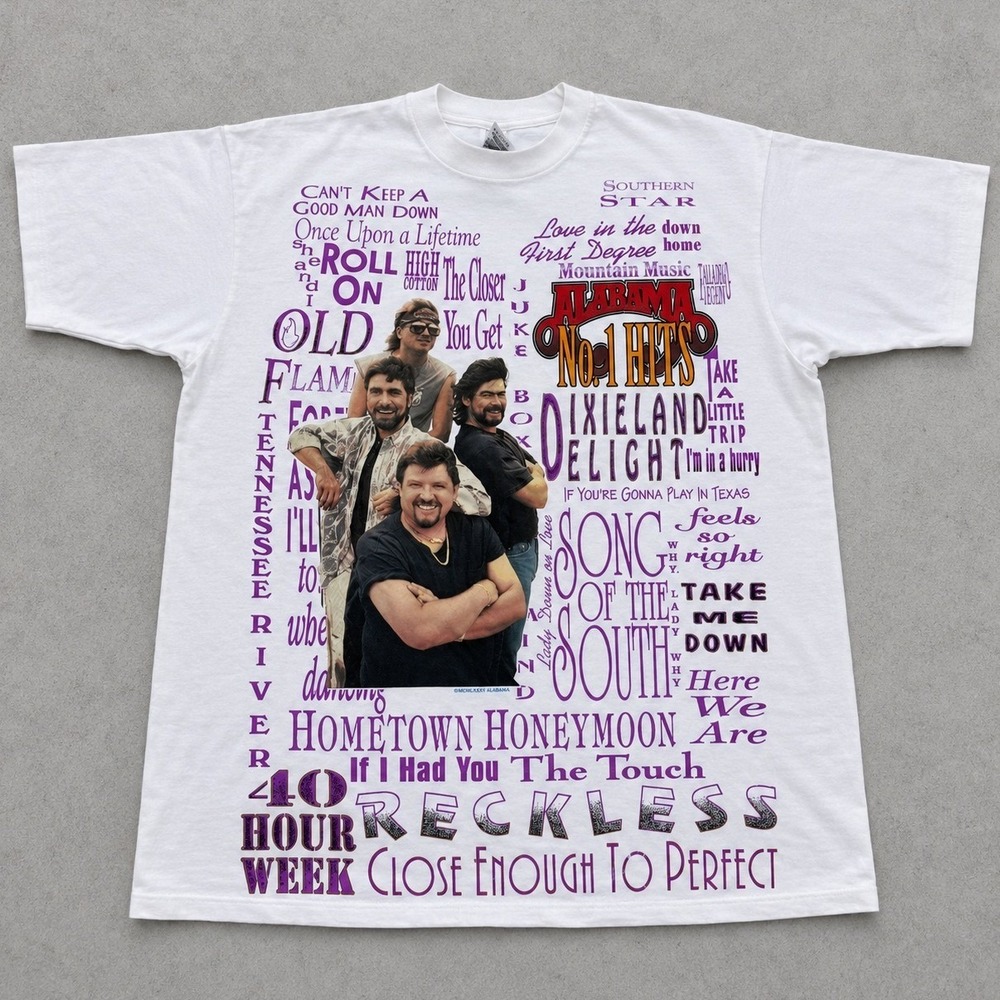 Vintage 1994 Alabama Band No 1 Hits AOP All Over Print T-Shirt XL Single Stitch
